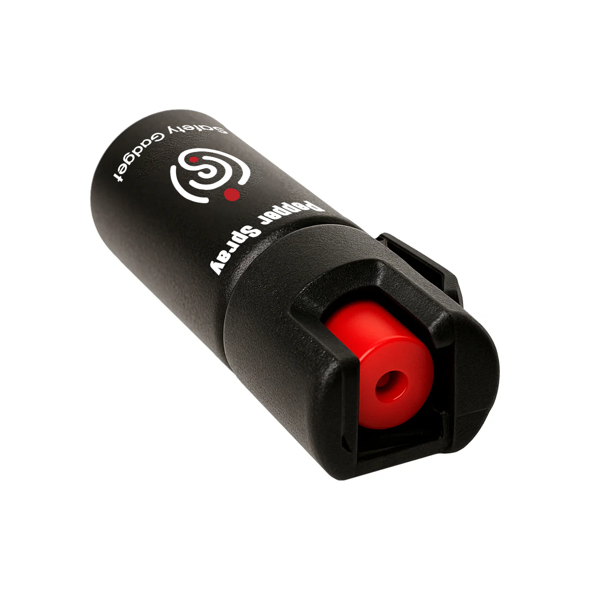 Black pepper spray canister with red cap on a white background