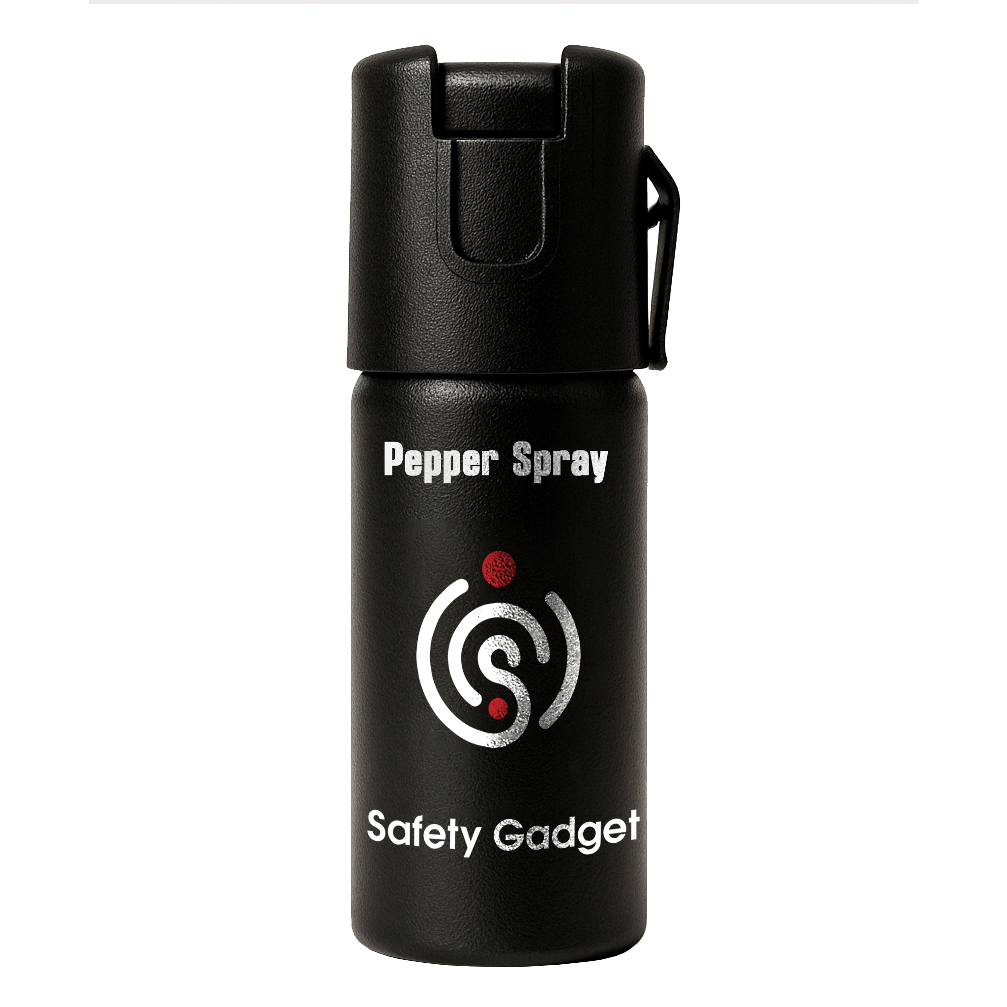 Black pepper spray canister with 'Safety Gadget' branding on a white background