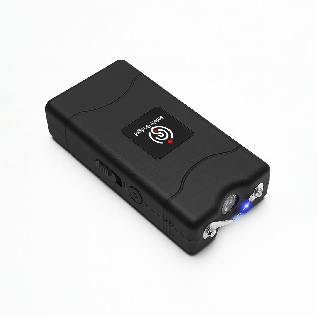 Black electronic device with a logo on a white background